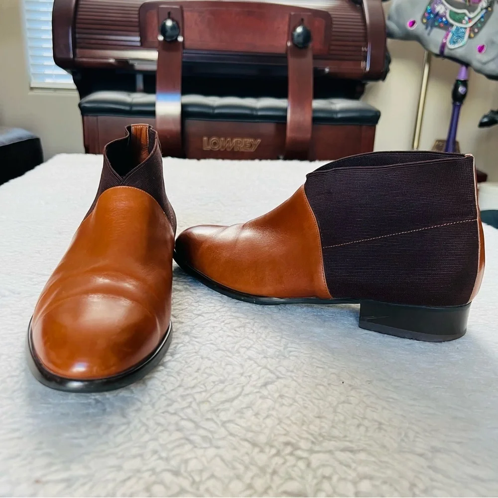 Plaza Handmade 2 Tone Leather/Elastic Fabric Slide On Chukka Boots Size 9.4 M